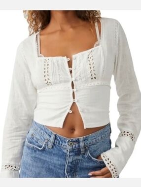 Free People Joi White Eyelet Crop Top Boho Western Peasant Milkmaid Fairy XL